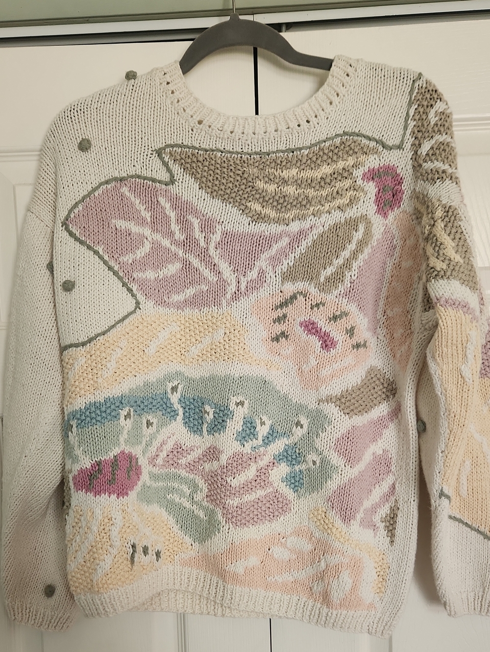 Vintage Women's Cream Floral Crochet-Style Crewneck Sweater Knitted By Hand